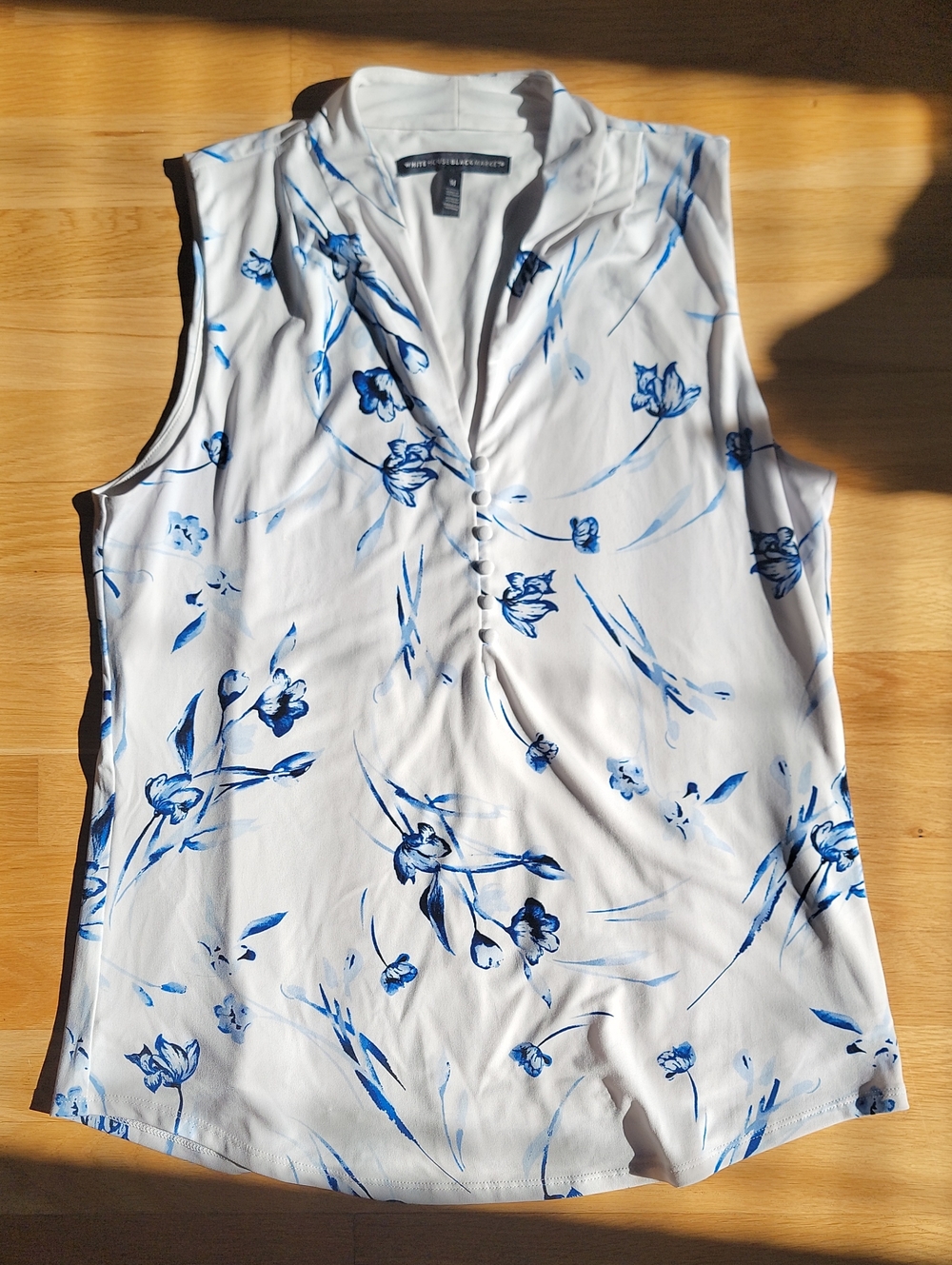WHBM White V-Neck Sleeveless Top with Blue Floral Print